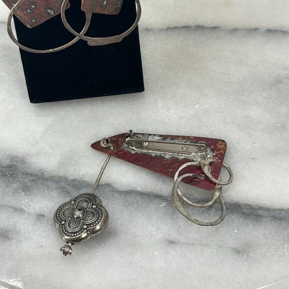 Handmade rustic modern sterling silver abstract hoop earrings and brooch - Picture 4 of 7